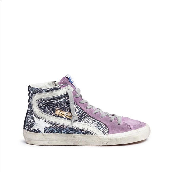 Golden Goose Shoes Authentic Golden Goose Purple Suede Star High Tops Slides Silver Glitter